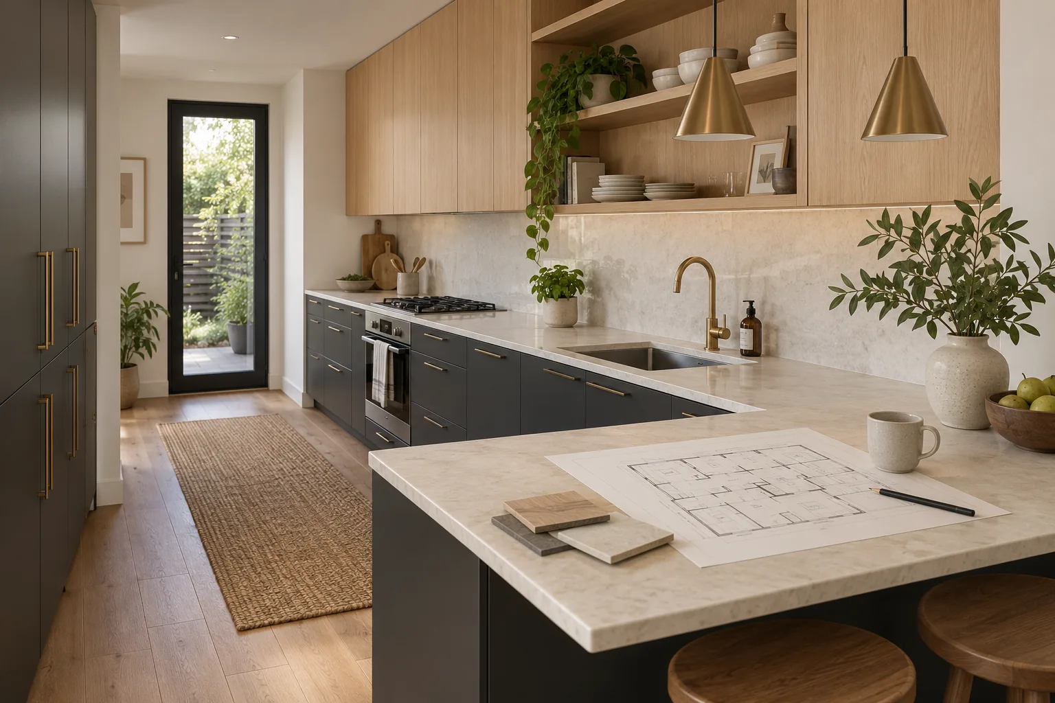 Charcoal kitchen cabinets and oak shelving beside a peninsula with a blank room drawing